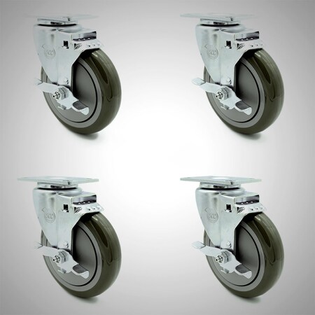 Service Caster 5 Inch SS Gray Polyurethane Swivel Top Plate Caster Set with Brake SCC SCC-SS20S514-PPUB-TLB-4